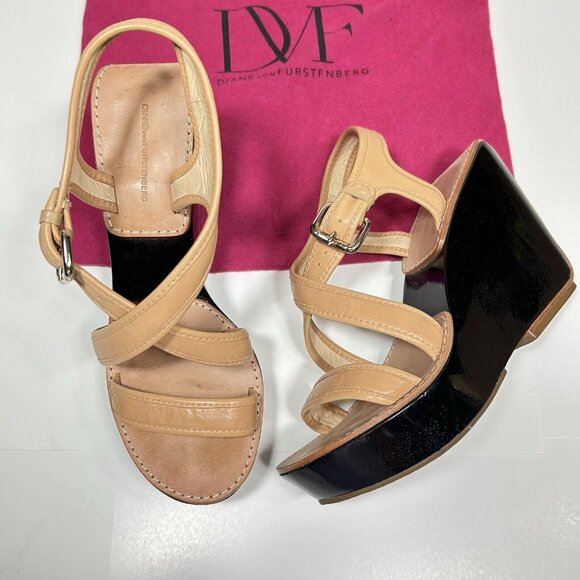DIANE von FURSTENBERG  Ankle Strap Wedge Platform Sandals Tan Leather Sz 9.5 M - Picture 1 of 11
